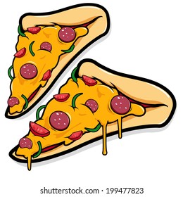 Slices of pizza with melting cheese and salami. Vector illustration