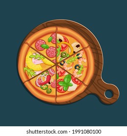 Slices of pizza on a wooden board. Types of pizza. Vector image on an isolated background.