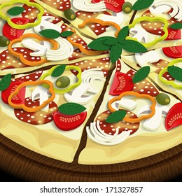 Slices of pizza on wooden plate.