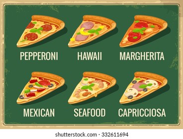 Slices of pizza. Pepperoni, Hawaiian, Margherita, Mexican, Seafood, Capricciosa. Vector flat illustration isolated on green background. Hand drawn design element for label and poster