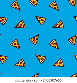 Schneidet Pizza Pepperoni nahtloses Muster. Vektorgrafik einzeln auf blauem Hintergrund. Für Hintergrund, Einladung, Grußkarte. Einfache flache grafische Illustration. Pizzaschnittscheiben mit Geschirr.