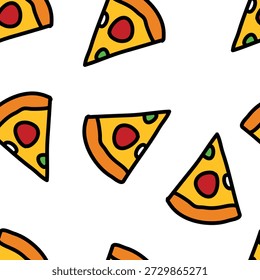 Scheiben von Pizza nahtloses Muster auf weißem Hintergrund Handgezeichnete Illustration und Doodle für Aufkleber, Postkarte, Tapete, Wandbild, Stoff, Drucke, etc