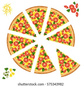 Slices of pizza with various ingredients.