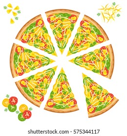 Slices of pizza with various ingredients.