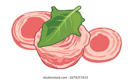 Rebanadas de cuello de cerdo en forma de una rosa de una flor aislada sobre fondo blanco.