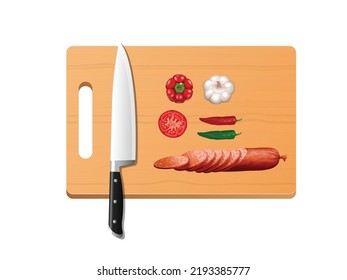 Slices of processed meat with various spices. chopping board wooden background. Top view
