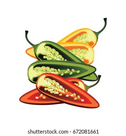 slices of raw green, yellow, red jalapeno pepper. vector illustration
