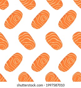 slices of raw salmon seamless pattern on white background, vector illustration, cute cartoon food