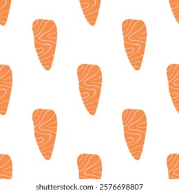 slices of raw salmon seamless pattern on white background, vector illustration, cute cartoon food