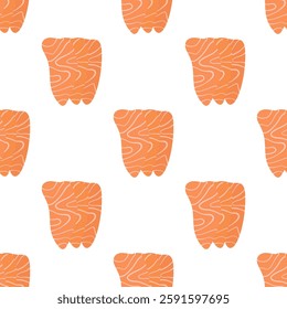 slices of raw salmon seamless pattern on white background, vector illustration, cute cartoon food