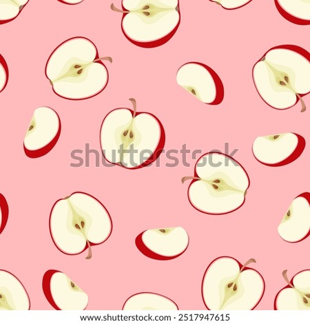 Slices of red apples seamless pattern. Fruits background. Vector cartoon flat illustration.