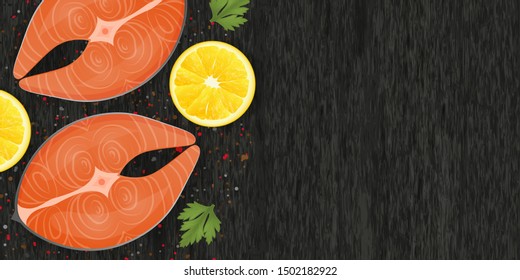 Slices of red fish and lemons and pepper on wood black background. Horizontal flyer. Object for packaging, advertisements, menu. Vector illustration. Realistic.