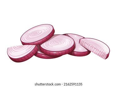 Slices of red onion bulb flat color vector objects isolated. Dish ingredient cartoon style illustration