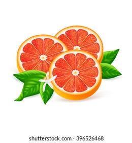Slices of red orange fruit with leaf and flower isolated on white background. Realistic vector illustration.