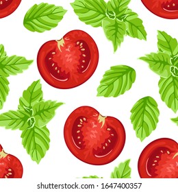 Slices of red tomato and green basil leaves seamless pattern. Fresh vegetables isolated on a white background. Vector illustration of food, organic farm products in cartoon flat style.