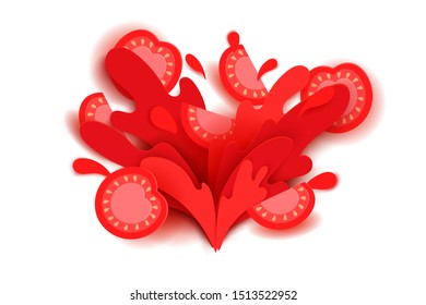 Slices of red tomatoes on the background of spilled juice, drops and splash. Paper cut art, restaurant menu and product design, stock trending vector illustration..
