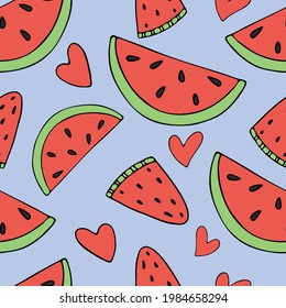 slices of red watermelon with black seeds, ripe fruit, hearts, set of green tropical green leaves, vector seamless pattern of doodle elements with black outline on blue background