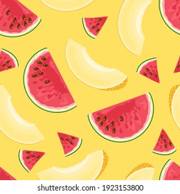 Slices of red watermelon and melon on yellow background. Seamless pattern with fruits. Vector food illustration in cartoon flat style.