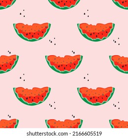 Slices of red watermelon with seeds on a pastel pink background. Seamless cute pattern for modern textile, decorative paper. Vector.