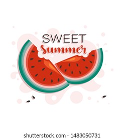 Slices of ripe and juicy watermelon. Sweet summer. The concept of the summer season. Sliced ​​ripe red watermelon with seeds. Fruit illustration for farm market menu.
