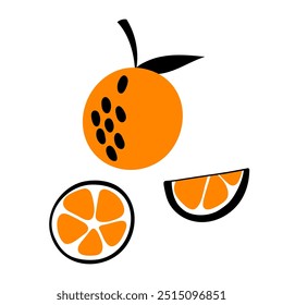 Slices of ripe orange. Ripe abstract orange. Hand drawn orange. Set stylized citrus fruit. Abstract elements for backgrounds, textiles, posters, postcards, packaging and more.