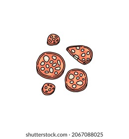 Slices of salami or chorizo sausage, hand drawn colorful vector illustration isolated on white background. Smoked pepperoni or salami sausage sliced.