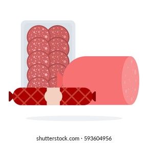 Slices of salami in the package, the stick of smoked sausage and cooked sausage vector flat material design isolated on white
