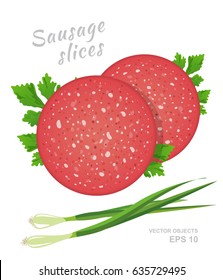 Slices of salami sausage with fresh parsley and green onion isolated on white background. Meat delicatessen product. Vector gastronomic illustration in cartoon style