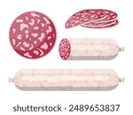 Slices of salami sausage isolated on white. Meat delicatessen gastronomic product. Vector illustration in flat style