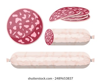 Slices of salami sausage isolated on white. Meat delicatessen gastronomic product. Vector illustration in flat style