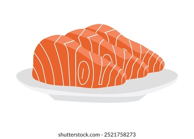 Fatias de peixe de salmão com placa isolada sobre fundo branco. Ilustração vetorial em estilo de desenho animado plano. Ícone de frutos do mar. iguaria japonesa Peixe fresco cru Sashimi