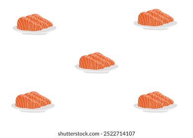 Fatias de peixe de salmão com placa isolada sobre fundo branco. Design de padrão em estilo de desenho animado plano. Ícone de frutos do mar. iguaria japonesa peixe fresco cru Sashimi.