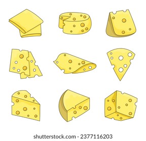 Slices and slicing of cheese. Parmesan, mozzarella, hollandaise, ricotta, a piece of different types. Hand style. Vector drawing. Collection of design elements.