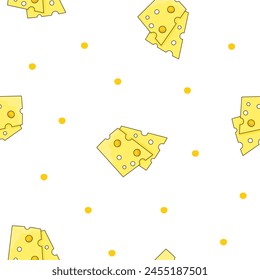 Slices and slicing of cheese. Seamless pattern. Parmesan, mozzarella, hollandaise, ricotta, a piece of different types. Hand style. Vector drawing. Design ornaments.