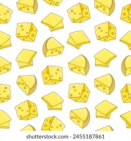 Slices and slicing of cheese. Seamless pattern. Parmesan, mozzarella, hollandaise, ricotta, a piece of different types. Hand style. Vector drawing. Design ornaments.
