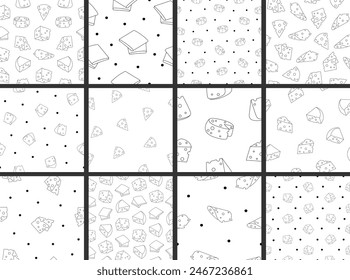 Slices and slicing of cheese. Seamless pattern. Coloring Page. Parmesan, mozzarella, hollandaise, ricotta, a piece of different types. Hand style. Vector drawing. Collection of design ornaments.