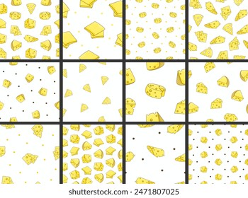 Scheiben und Aufschneiden von Käse. Nahtloses Muster. Parmesan, Mozzarella, Hollandaise, Ricotta, ein Stück der verschiedenen Arten. Handschrift. Vektorgrafik zeichnen. Kollektion von Design-Ornamenten.