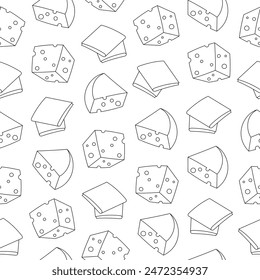 Slices and slicing of cheese. Seamless pattern. Coloring Page. Parmesan, mozzarella, hollandaise, ricotta, a piece of different types. Hand style. Vector drawing. Design ornaments.