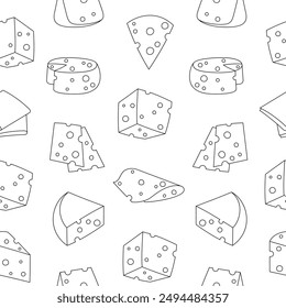 Slices and slicing of cheese. Seamless pattern. Coloring Page. Parmesan, mozzarella, hollandaise, ricotta, a piece of different types. Hand style. Vector drawing. Design ornaments.
