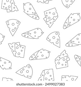 Rebanadas y rodajas de queso. Patrón sin fisuras. Página para colorear. Parmesano, mozzarella, holandesa, ricota, una pieza de diferentes tipos. Estilo de mano. Dibujo de Vector. Diseña adornos.
