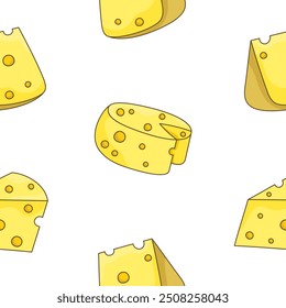 Slices and slicing of cheese. Seamless pattern. Parmesan, mozzarella, hollandaise, ricotta, a piece of different types. Hand style. Vector drawing. Design ornaments.