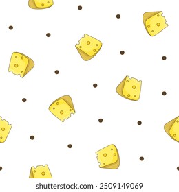 Slices and slicing of cheese. Seamless pattern. Parmesan, mozzarella, hollandaise, ricotta, a piece of different types. Hand style. Vector drawing. Design ornaments.
