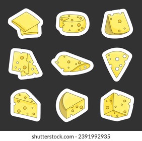 Slices and slicing of cheese. Sticker Bookmark. Parmesan, mozzarella, hollandaise, ricotta, a piece of different types. Hand style. Vector drawing. Collection of design elements.