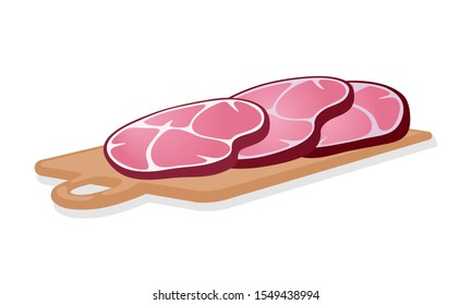 Slices of smoked red ham are on cutting wooden board. Cold cuts. Gammon, gigot, silverside cooked and cutted for meat platter or sandwiches. Cartoon vector illustration isolated on white background.