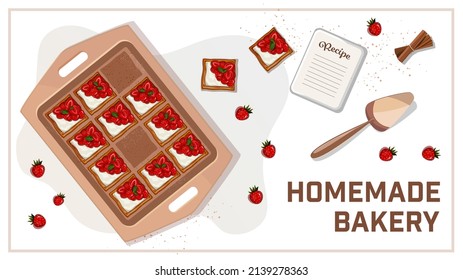 Slices Of Strawberry Pie On A Baking Sheet. Banner Design With Strawberry Pie, Cake. Vector Illustration For Poster, Banner, Cooking Class, Menu, Advertising Bakery. Homemade Bakery Banner