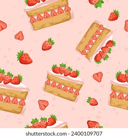 Slices of strawberry sponge dessert with fresh berries. Delicious fruit cake for special occasion. Bakery shop products and meal. Seamless pattern print, wallpaper background. Vector in flat style