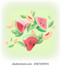 Slices of sweet juicy red watermelon with mint and peach slices. Fruity vector flying 3D salad