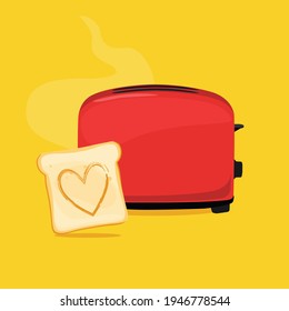 Slices of toast bread with shaped heart and the toaster against yellow background. Vector