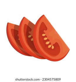 Slices of tomato. Tomato wedges and slices, halved and thinly sliced for salads and snacks. Flat cartoon vector isolated on white back