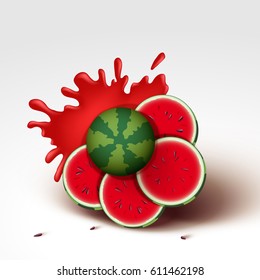 Slices of vector watermelon with a spray of juice on white background.